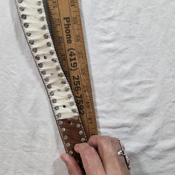 NOCONA Belt Leather Brown White Western Belt Silver Details Cowhide Large Unisex - Picture 4 of 8